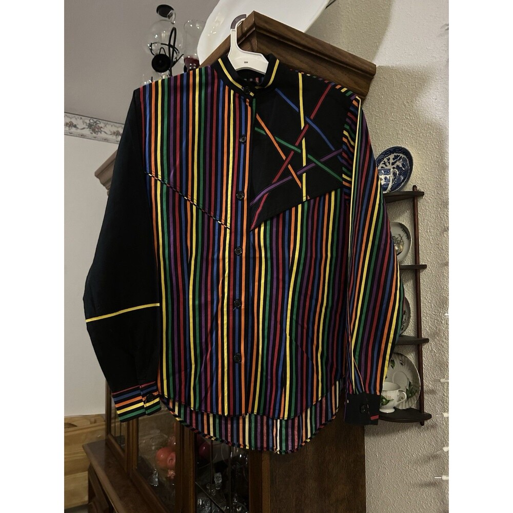 Vintage Ladies Western Button Down Shirt Cotton Striped Band Collar Cowgirl Sz M
